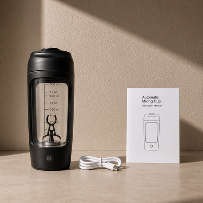 Contenuto confezione VOORTIQ PRO: shaker automatico, cavo di ricarica USB-C e manuale istruzioni