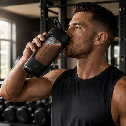 Uomo beve un frullato proteico dallo shaker automatico VOORTIQ PRO dopo l'allenamento
