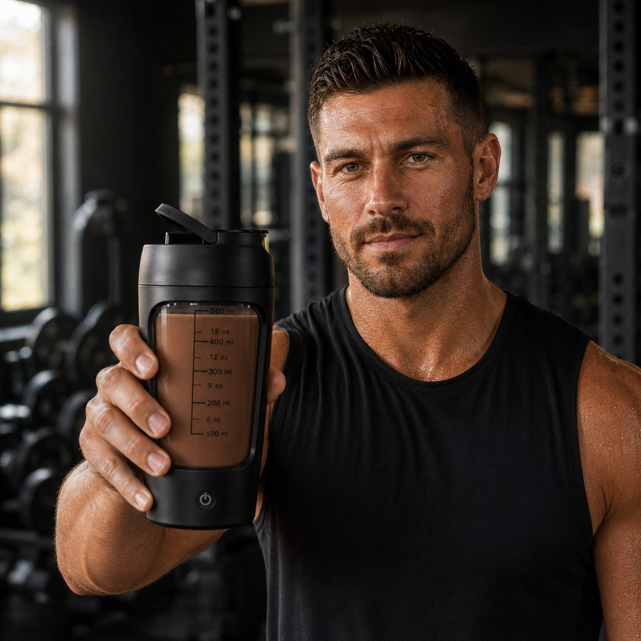 Uomo in palestra con shaker automatico VOORTIQ PRO nero e frullato proteico al cioccolato